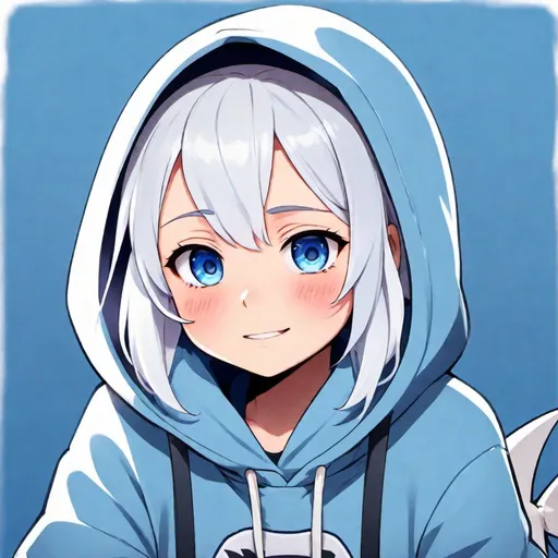Prompt: Gawrgura - a vtuber from hololive, anime girl with white hair, (light blue) hoodie with shark-related art, cute + cool + naughty, a little low eyes position, 2d art, atlantean, smol bubs, underwater, shin umiushi art