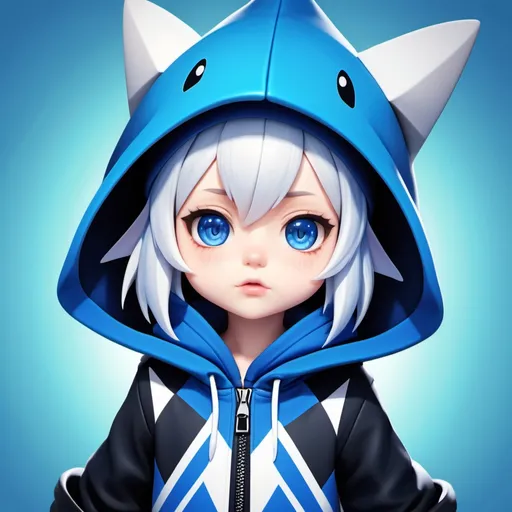 Prompt: ((Gawrgura)) (vtuber), anime style, a young girl with white hair, wearing a blue shark hood-style hat with fins flanking her face, the opening of the hood outlined by many triangles illustrate tooth, cute, 2d, chibi
