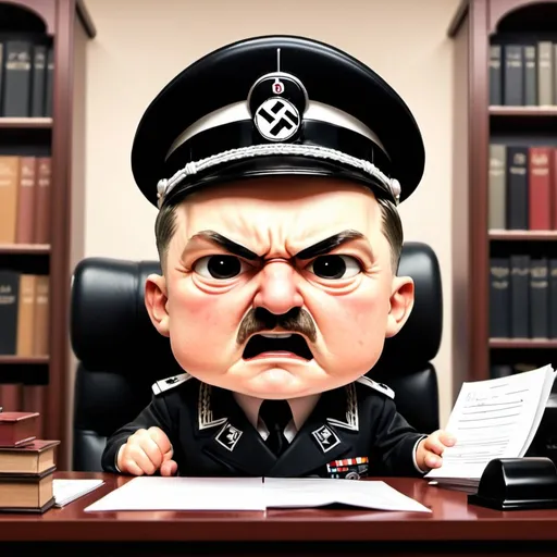 Prompt: {{{Adolf Hitler}}}, nazi, politician, in his office, angry, chibi, splash art style