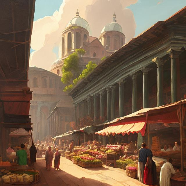 Prompt: Ancient market, thomas cole + gouache style