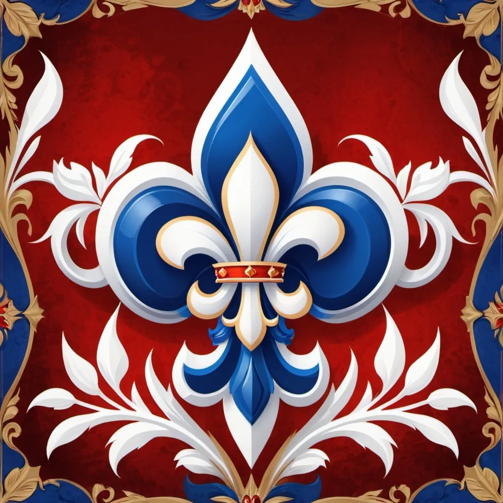 Prompt: royal background for portrait painting, red+blue+white, fleur-de-lis emblem