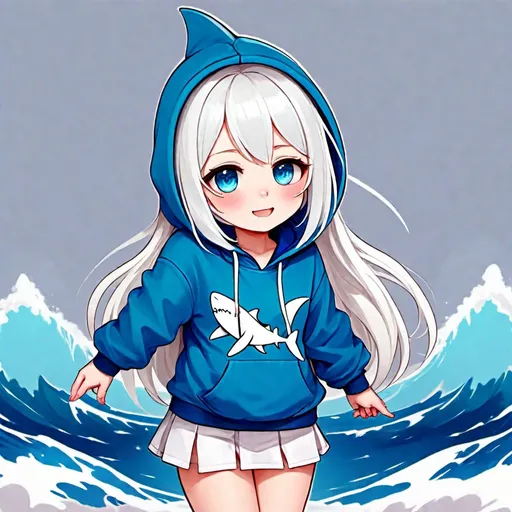 Prompt: Gawrgura vtuber, a cute anime girl with white hair and blue hoodie, shark-related abstract art on clothes, sea theme, 2d art, atlantean, smol bubs, shin umiushi art