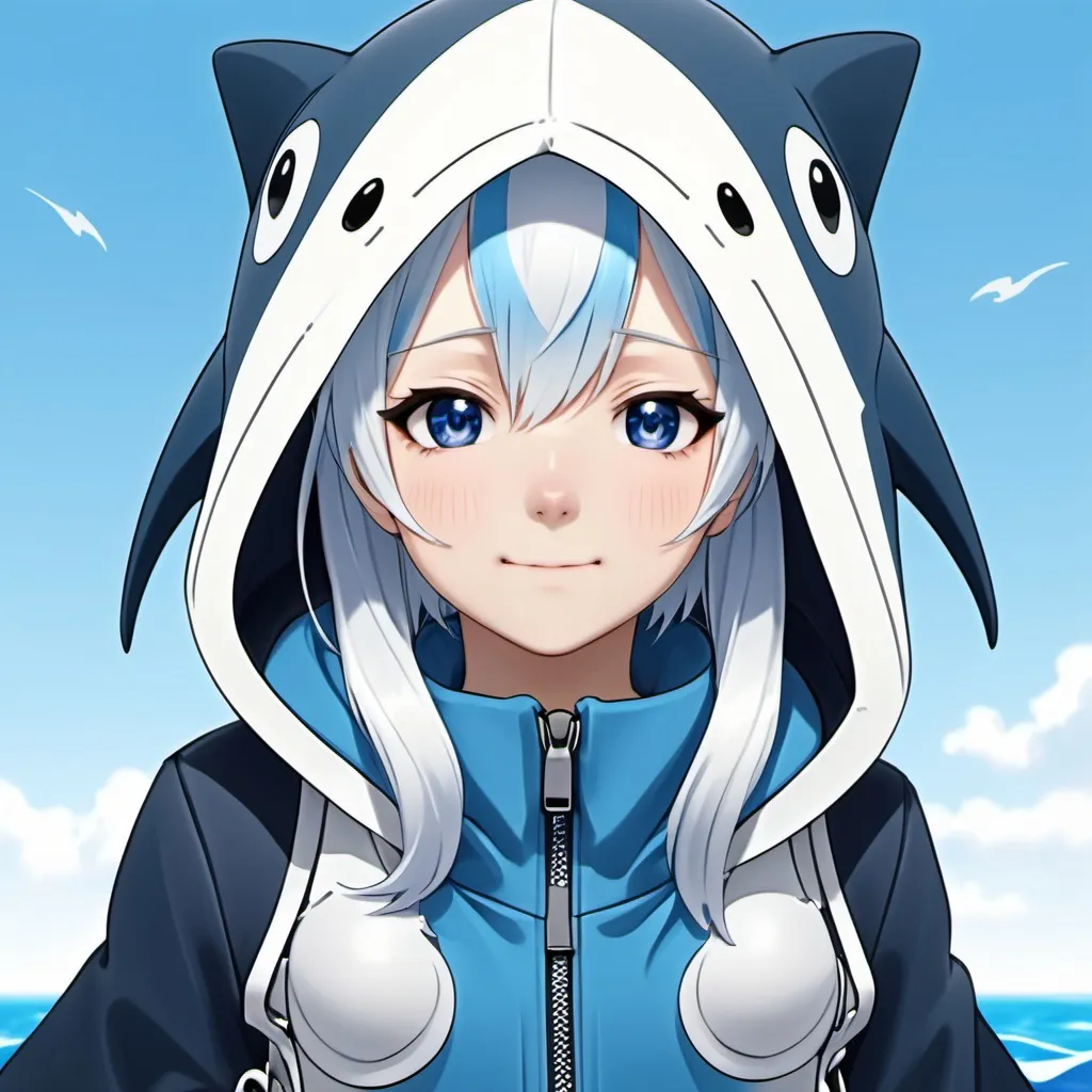 Prompt: ((Gawrgura)) (vtuber), anime style, a young girl with white hair, wearing a blue shark hood-style hat with fins flanking her face, white triangular outline the hood opening, Amashiro Natsuki style