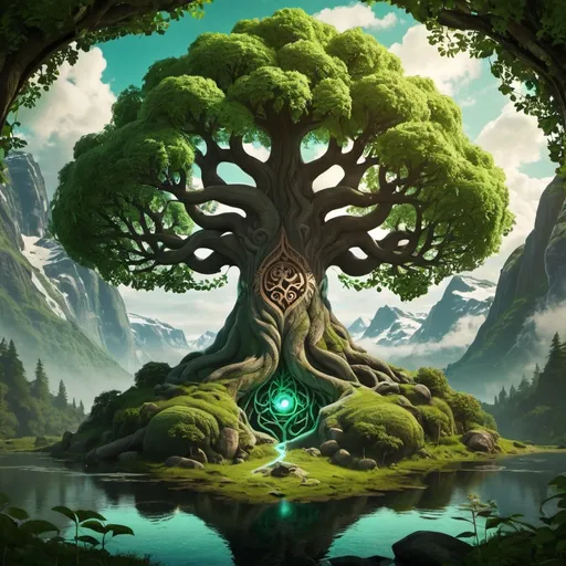 Prompt: Yggdrasil tree, nordic mythology theme, enormous, gigantic, lively, naturally, a little mystery
