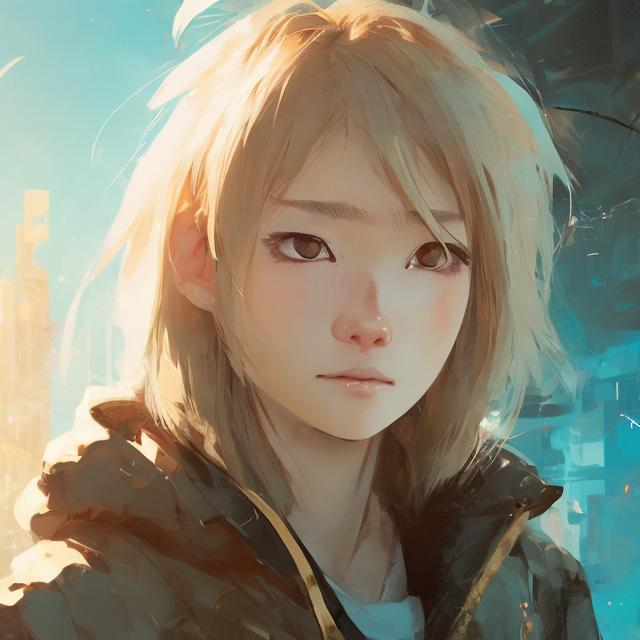 Prompt: Asian Anime girl, blue eyes, blonde hair, tomboy mullet hair style, golden-ratio face, ismail inceoglu