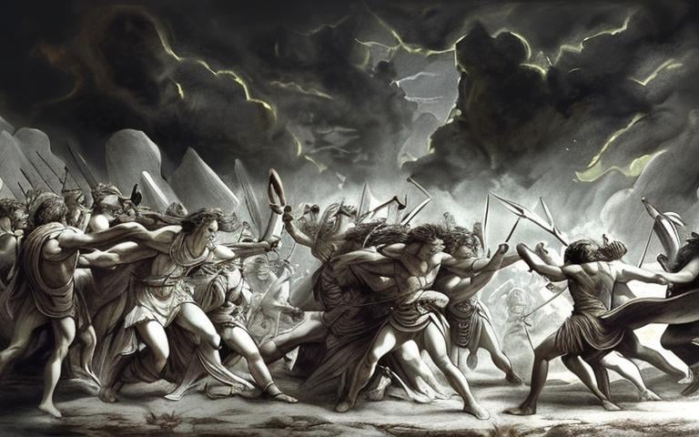 Prompt: A drawing picture of an ancient battle, greek myth theme
