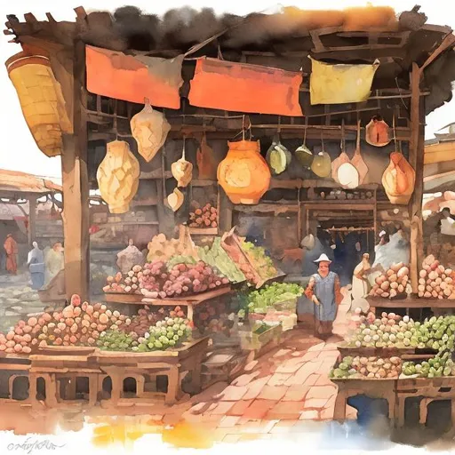 Prompt: Ancient market, heraldo ortega + gouache + watercolor