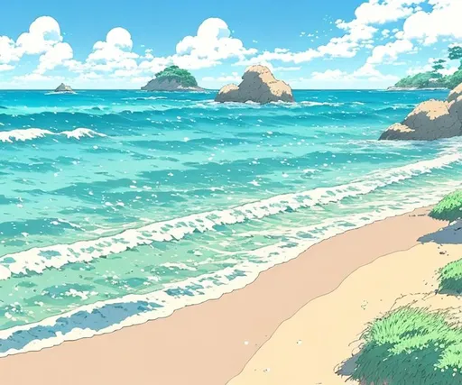 Prompt: a beautiful beach, open view, light blue clean sky, studio ghibli art