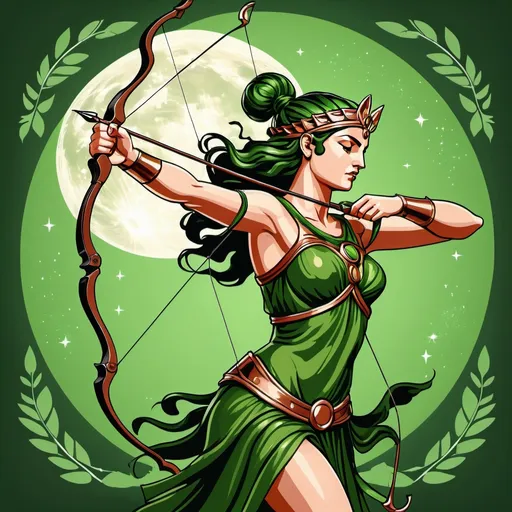 Prompt: artemis, goddess of moon and hunting, beautiful, shooting a bow, greece mythology, green palette, splash art style