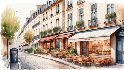 Prompt: A cozy charming depiction of a typical Parisian street with cobblestone paths, outdoor cafes, and vintage architecture, watercolor illustration with coffee, and croissants, 2D drawing, in white background