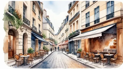 Prompt: A cozy charming depiction of a typical Parisian street with cobblestone paths, outdoor cafes, and vintage architecture, watercolor illustration with coffee, and croissants, 2D drawing, in white background