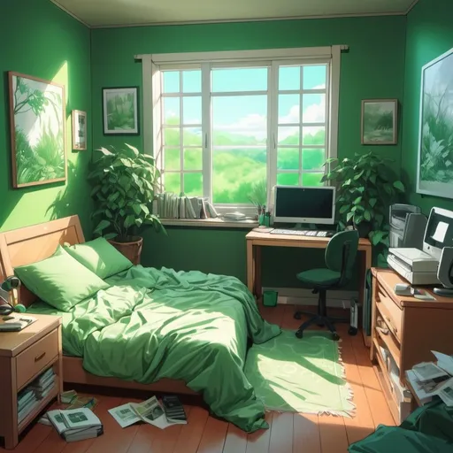 Prompt: Cozy room, unrealistic, background art, Artgerm, computer art, anime art style, a manga drawing, crispy drawing style, sketch, concept art, green palette