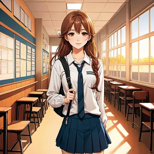 Prompt: A full body picture of a high school girl, manhwa, CalArt style, enhanced face, in highschool, colorful, warm atmosphere