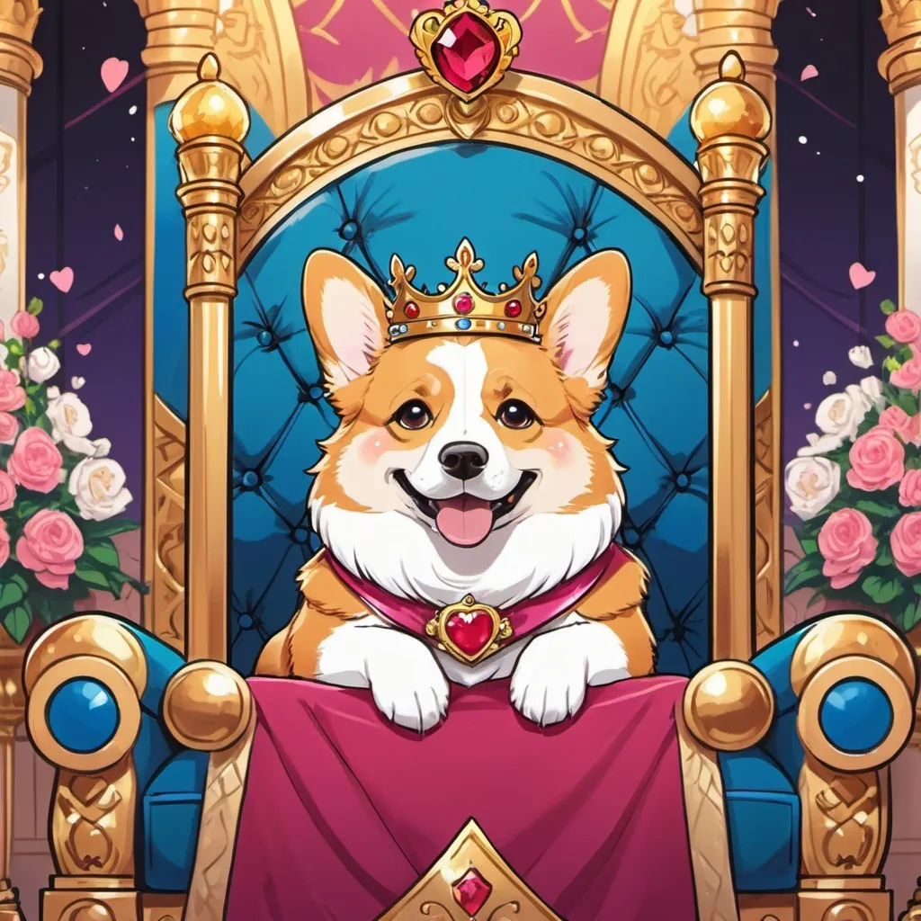 Prompt: An extreme long shot view of a throne room, on the throne sitting a corgi, wearing a crown, cute, gorgeous, royalty, calmly, manhwa art style, colorful,