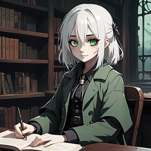 Prompt: A waist-up picture of a 2d anime girl, young, white hair, green sleepless eyes, gothic oversize clothes style with overcoat, smol bubs, in a library, sitting at a table, next to a window, the window is on the side, at night, dark theme, poisonous smoke, moonlight from the window, creepy smile, degital art, ismail inceoglu