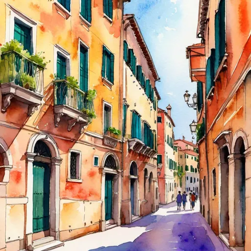 Prompt: On the street of an Ancient Roman settlement, venice, anime style, greek mythology, parisian architectual, rinotuna, elegant, sharpness, colorful, watercolor