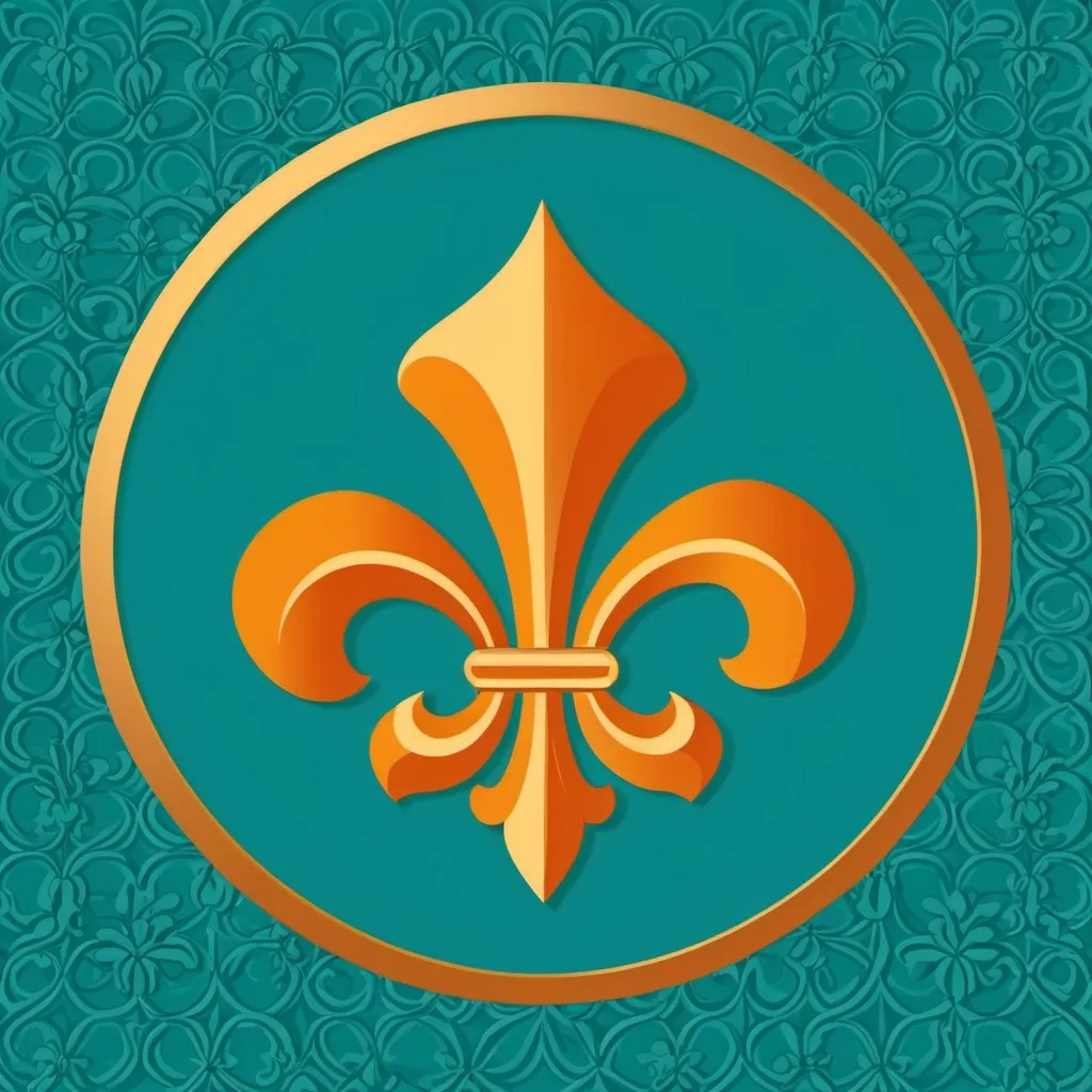 Prompt: tangerine fleur-de-lis emblem, teal background