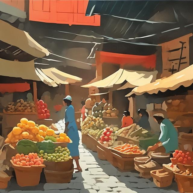 Prompt: ancient market, heraldo ortega + gouache style
