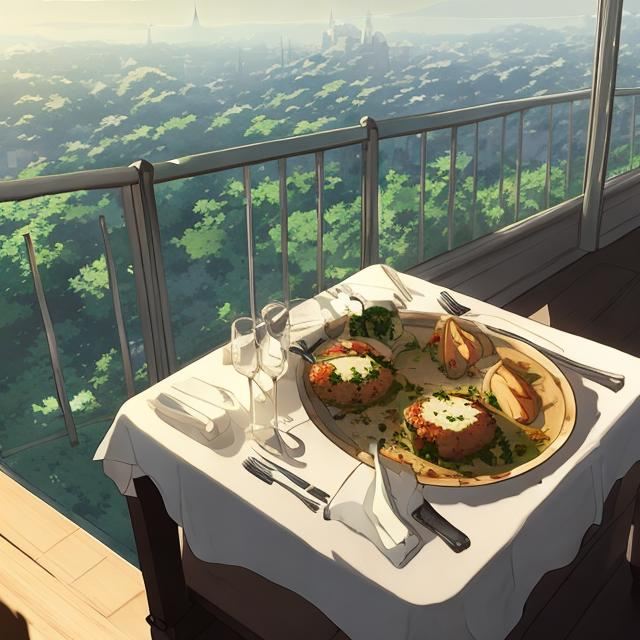 Prompt: Elegant french dishes, high view, makoto shinkai