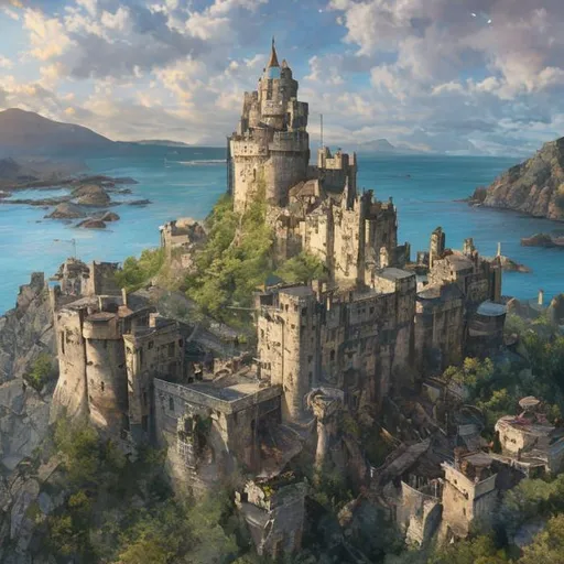 Prompt: the castle sits on a rock overlooking the sea, realistic, hyper-detailed rendering, michael shainblum, soviet, jean fouquet, uhd image, hyper-realistic urban, paul hedley