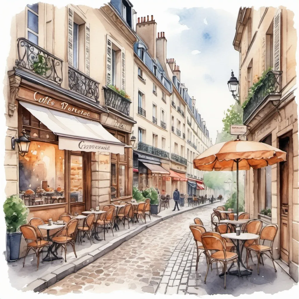 Prompt: A cozy charming depiction of a typical Parisian street with cobblestone paths, outdoor cafes, and vintage architecture, watercolor illustration with coffee, and croissants, 2D drawing, in white background