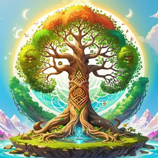 Prompt: Yggdrasil tree, nordic mythology theme, enormous, gigantic, colorful, a lot of live, aura, lively, naturally, a little mystery