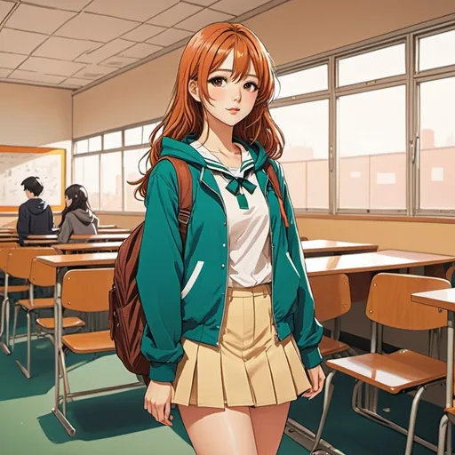 Prompt: A full body picture of a high school girl, manhwa, CalArt style, enhanced face, in highschool, colorful, warm atmosphere