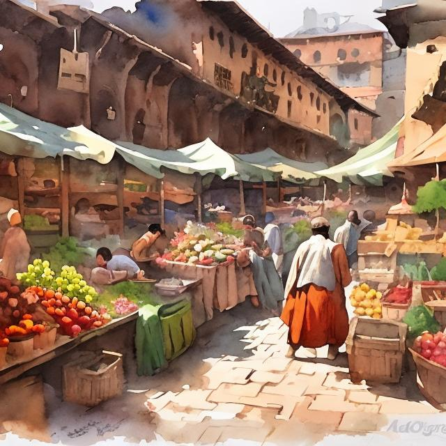 Prompt: Ancient market, heraldo ortega + gouache + watercolor