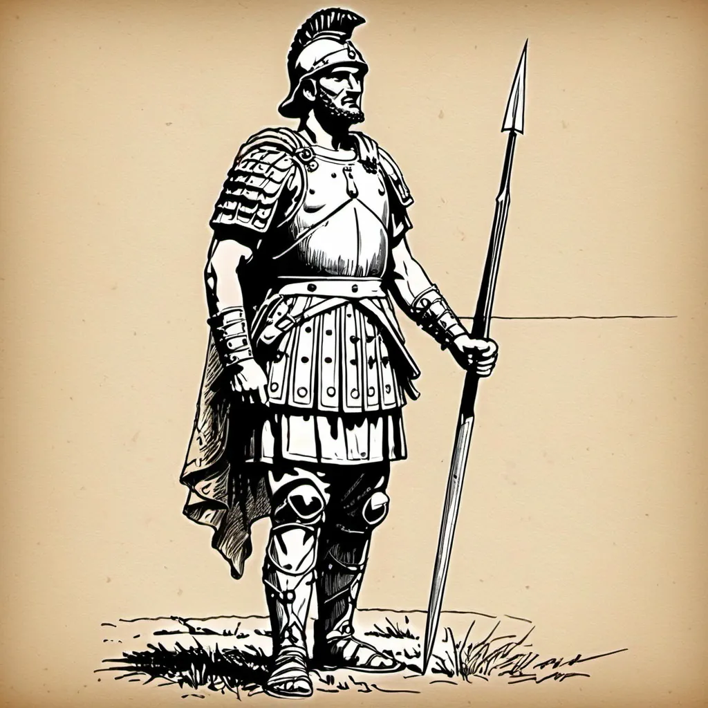 Prompt: Full body of only 1 Roman Infantry, handwriting military sketch,