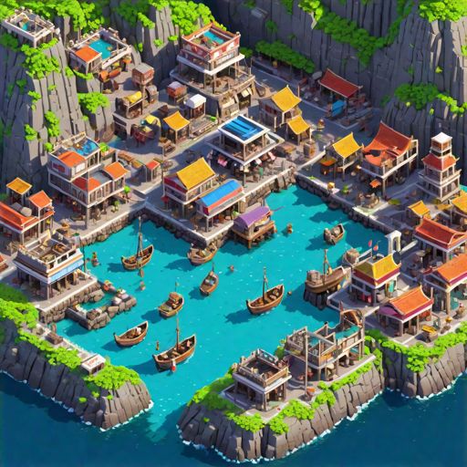 Prompt: Voxel art of a well-developed + crowded ancient commercial harbor, on a mountainous island. Pixel texture + 4bit