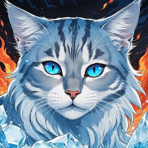 Prompt: A cat, lava + ice elements, blue eyes, aura, ambitious eyes, calmly, bravely, cool, in nature, manhwa + manga + Calart style