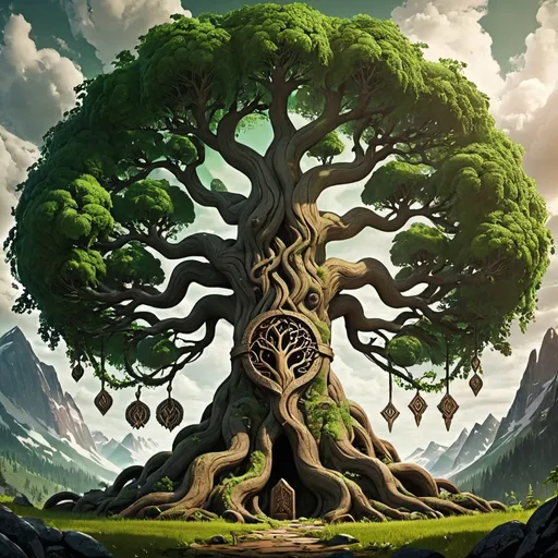 Prompt: Yggdrasil tree, nordic mythology theme, enormous, gigantic, lively, naturally, a little mystery