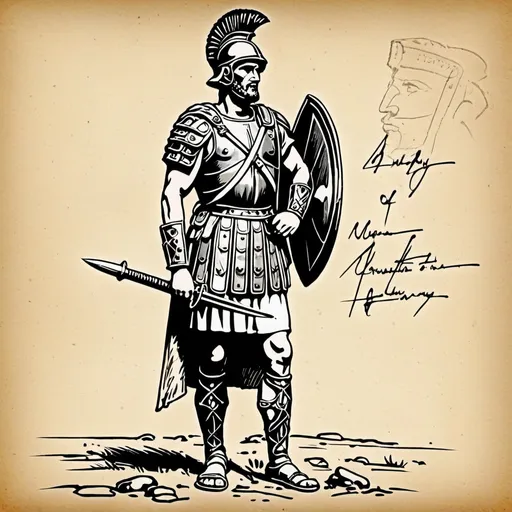 Prompt: Full body of only 1 Roman Infantry, handwriting military sketch,