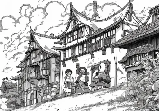 Prompt: Black and white, historical, studio ghibli style