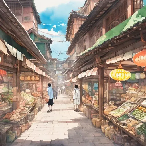 Prompt: Ancient market, anime style, studio ghibli + heraldo ortega + gouache + watercolor
