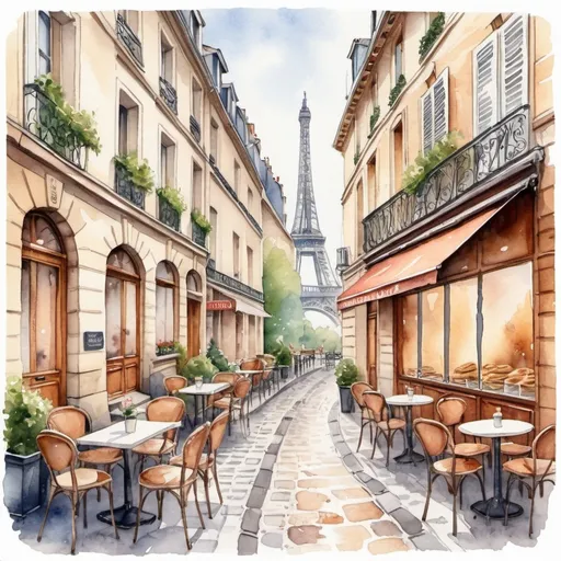 Prompt: A cozy charming depiction of a typical Parisian street with cobblestone paths, outdoor cafes, and vintage architecture, watercolor illustration with coffee, and croissants, 2D drawing, in white background