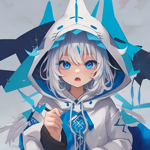 Prompt: Gawrgura - a vtuber from hololive, anime girl, blue eyes, low eyes position, small bubs, white hair, abstract shark-like hoodie, white tooth-like triangles outlining the opening of the hood, shin umiushi art, strong 2d art, funny, digital art, high-resolution