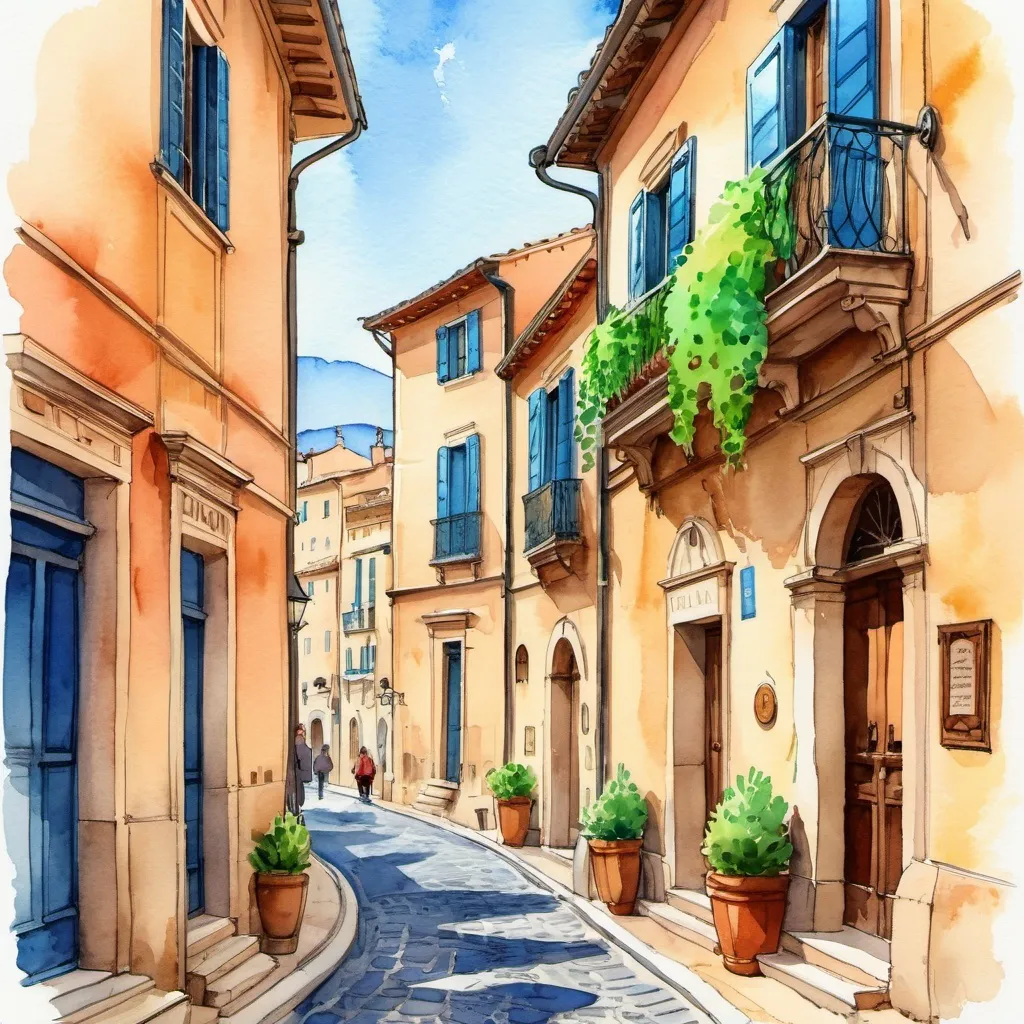 Prompt: On the street of an Ancient Roman settlement, anime style, greek mythology, parisian architectual, rinotuna + leonardo da vinci art style, elegant, sharpness, colorful, watercolor