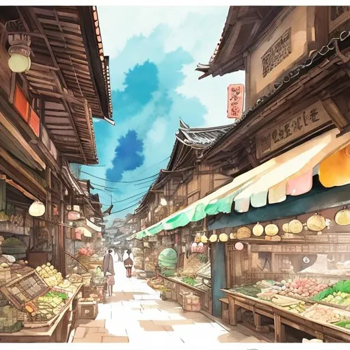 Prompt: Ancient market, anime style, studio ghibli + gouache + watercolor