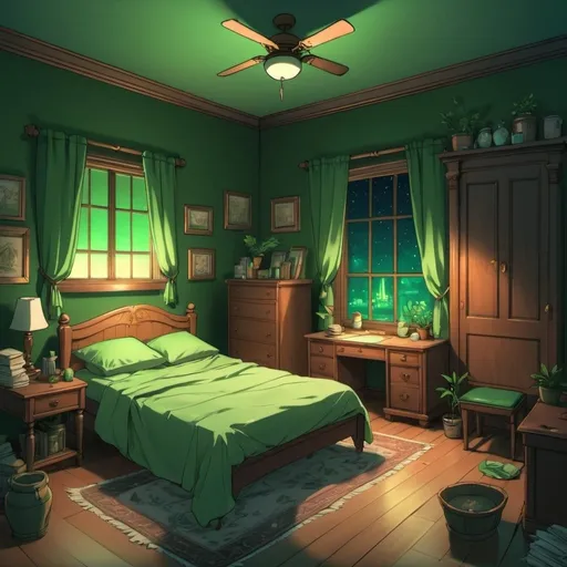 Prompt: Cozy bedroom, unrealistic, background art, Artgerm, computer art, anime art style, a manga drawing, crispy drawing style, sketch, concept art, green palette, studio ghibli, at night, 18th century