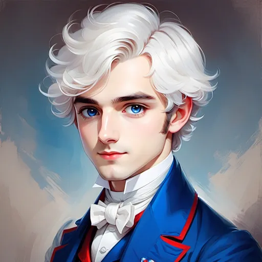 Prompt: A gentlement, european, portrait painting, french, {{{chibi}}}, cute, blue+red+{white}