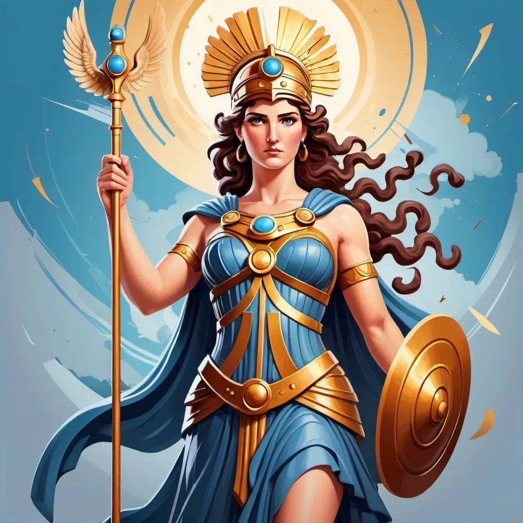 Prompt: athena, goddess of wisdom and strategy, beautiful, greece mythology, blue palette, splash art style