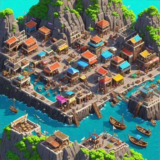 Prompt: Voxel art of a well-developed + crowded ancient commercial harbor, on a mountainous island. Pixel texture + 4bit