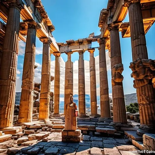 Prompt: Inside the undestroyed temple of Athena, with a statue of athena, anime style
