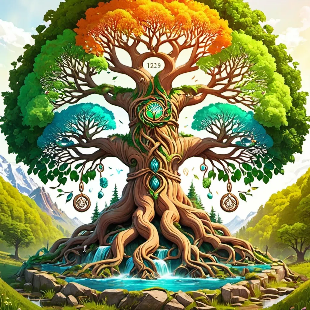 Prompt: Yggdrasil tree, nordic mythology theme, enormous, gigantic, colorful, a lot of live, aura, lively, naturally, a little mystery