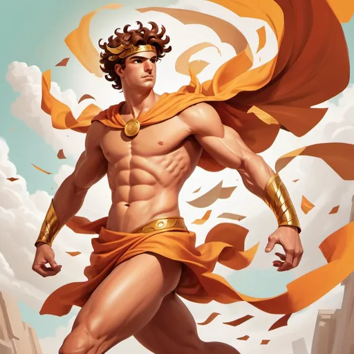 Prompt: Hermes, god of wind, young, normal color skin, windy, fast, greece mythology, splash art style