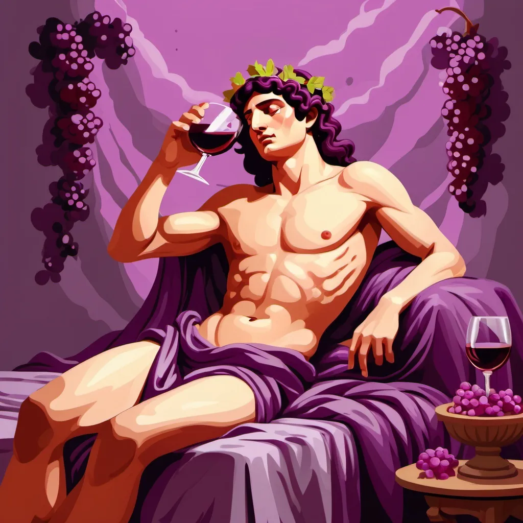 Prompt: dionysus, god of wine, young, laying on the bed, drinking wine, wine purple palette, greece mythology, splash art style