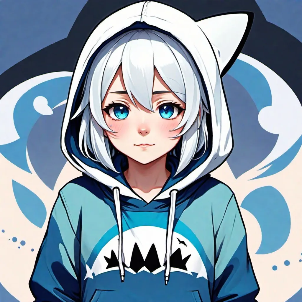 Prompt: Gawrgura vtuber, a cute anime girl with white hair and blue hoodie, shark-related abstract art on clothes, sea theme, 2d art, atlantean, smol bubs
