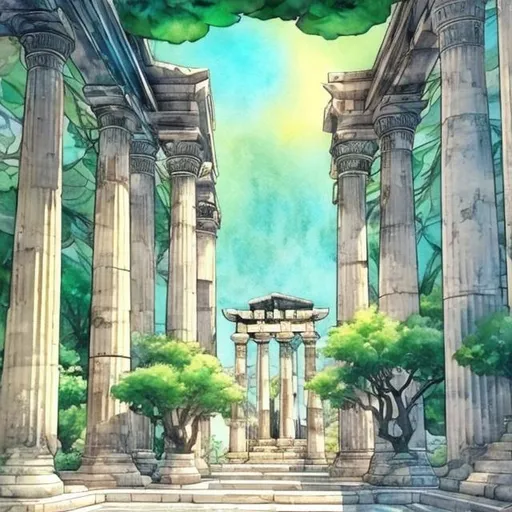 Prompt: Inside the temple of Athena, with a statue of athena, anime style, water color, white + light blue + green leaf
