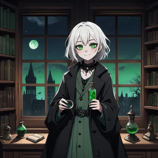 Prompt: A waist up picture of a 2.5d anime girl, young, white hair, green eyes, gothic oversize clothes style with overcoat, smol bubs, holding a small poisonous vial on hand, in a library, standing next to a window, at night, darktheme, moonlight from the window, creepy smile, green + blue palette, degital art